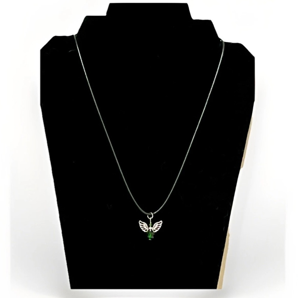 Green angel pendant with silver wings on leather cord #fairycore #whimsygoth